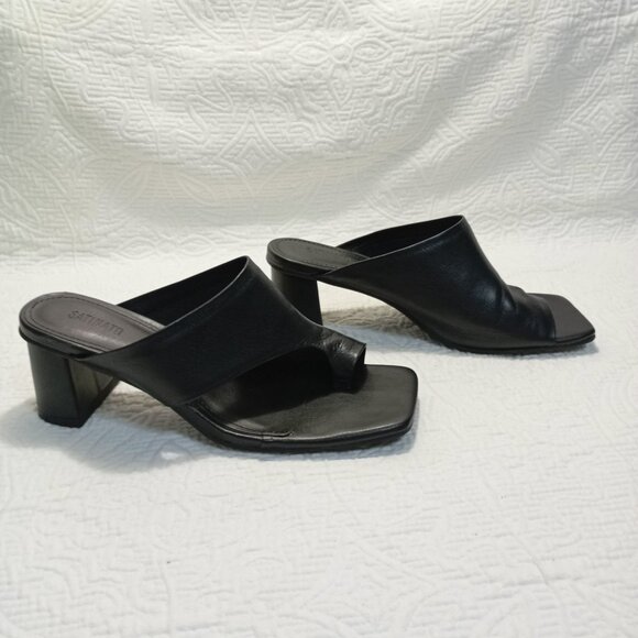 Satinato Sandals Open Black Leather Heeled Toe Slip-On Womens Size 35 EUR 36 - Picture 5 of 9